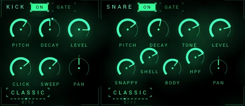 Kick and snare panels with pitch, decay, level, click, sweep, tone, snappy, shell and body knobs.