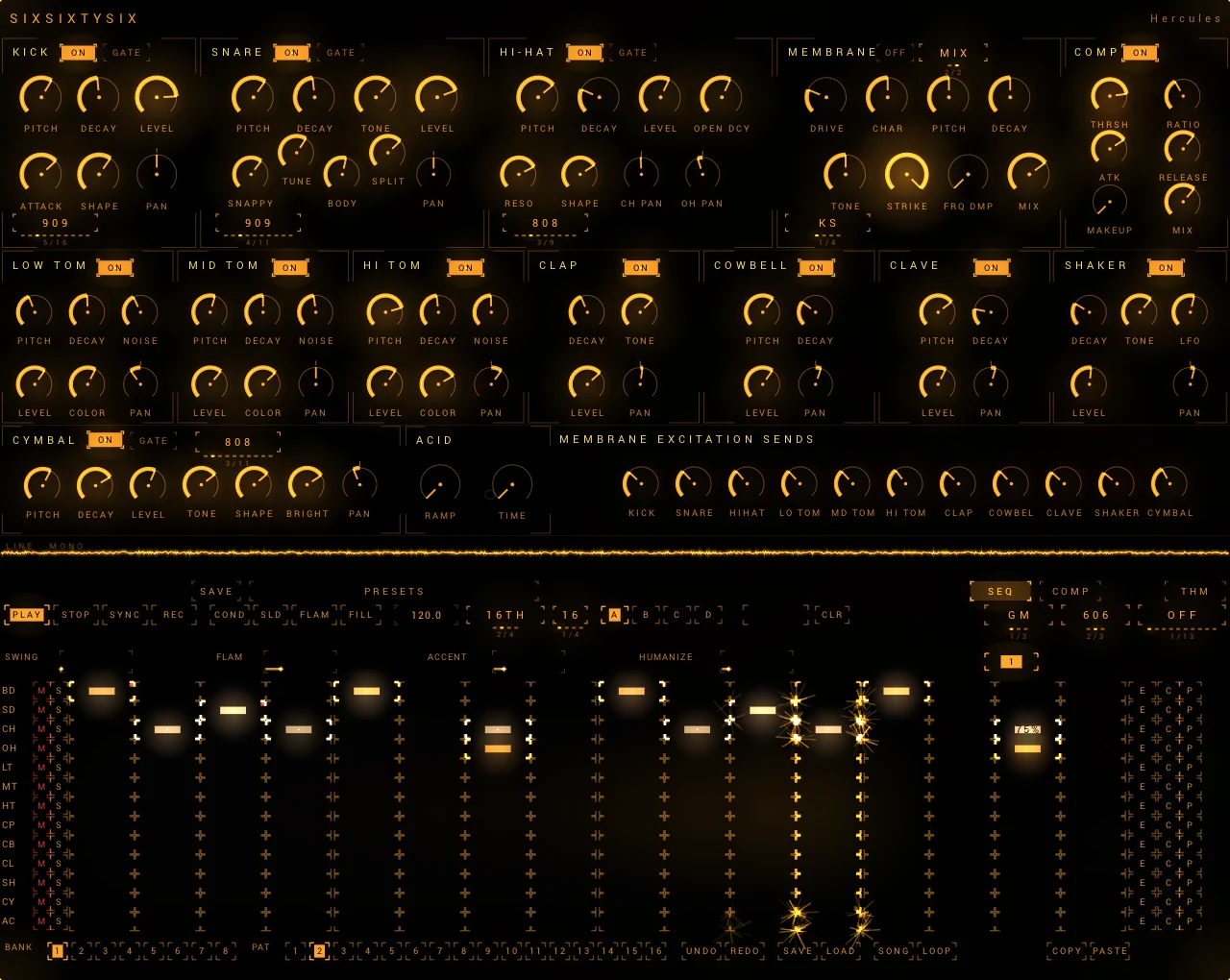 The Six Sixty Six interface in the Trace skin, amber Hercules theme: twelve voice panels of knobs above a step-sequencer grid.