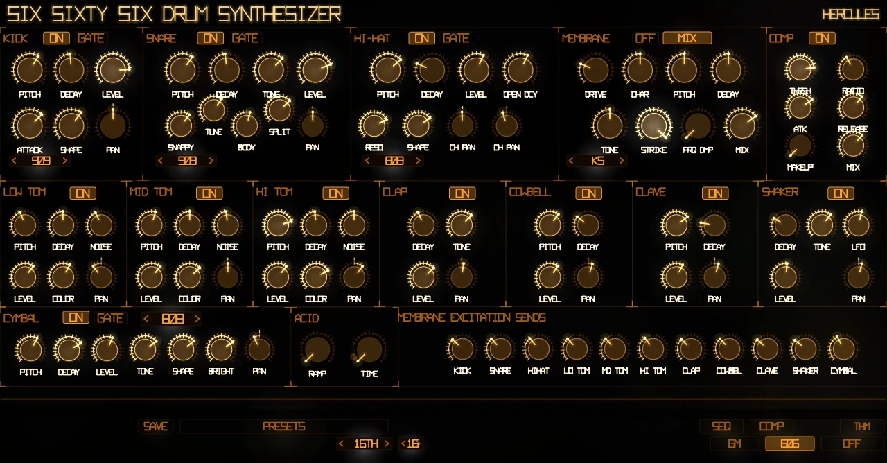 Synth page in the Holo skin, Hercules theme: solid knobs and pixel lettering.