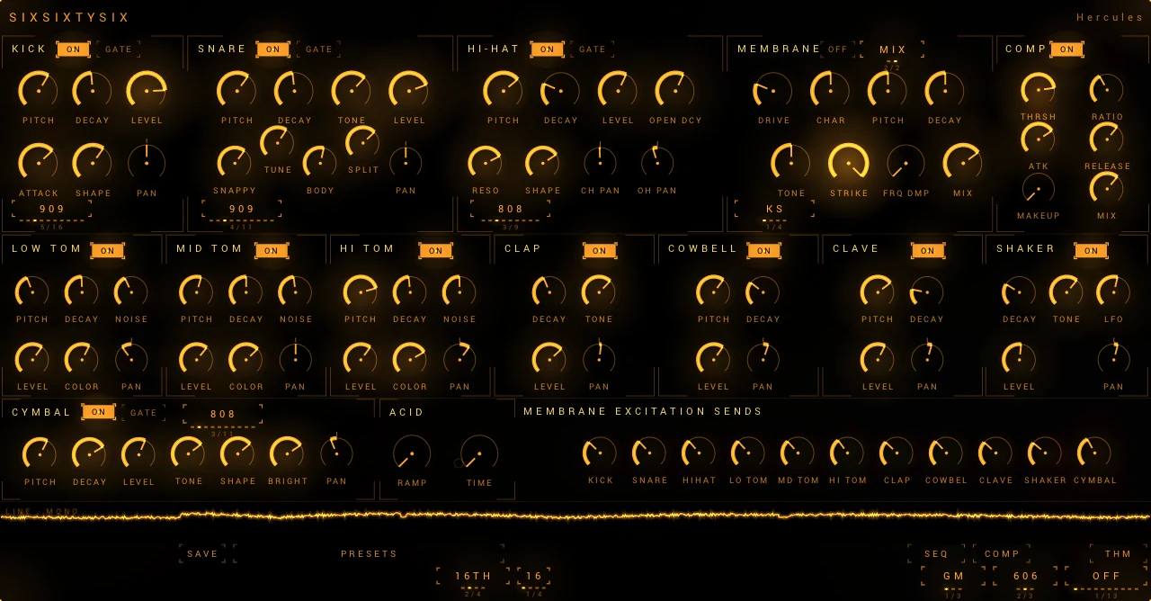 Synth page in the Trace skin, Hercules theme: thin glowing arcs and outlined panels.